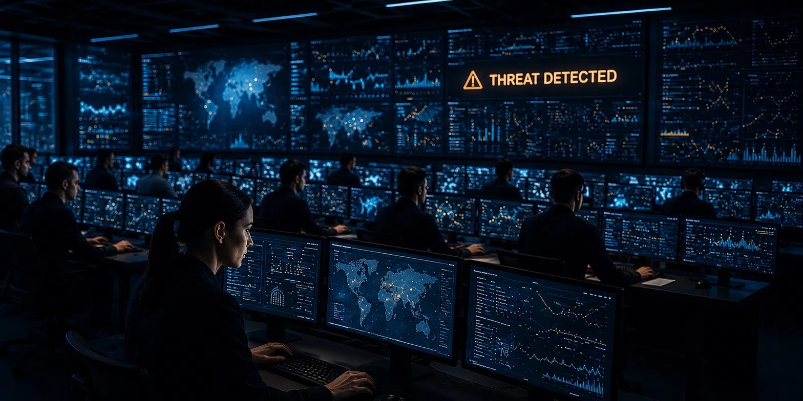 Security operations center with an active threat-detected alert