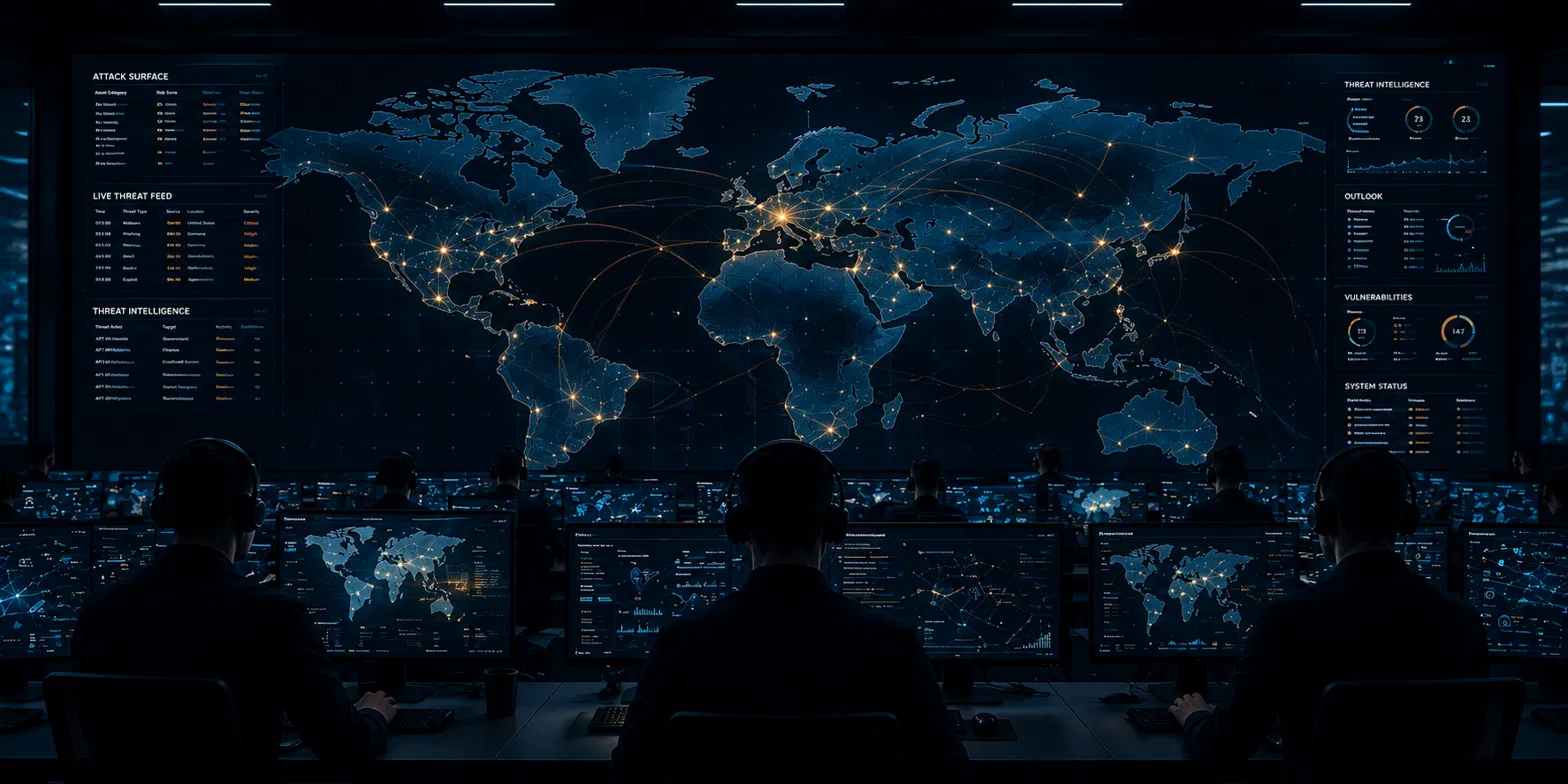 Analysts monitoring a global cyber threat map in a security operations center